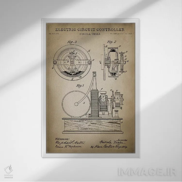 تابلو دکوراتیو کنترل کننده مدار الکتریکی تسلا، بژ اثر پتنت پرینت استور - نمای قابدار سفید