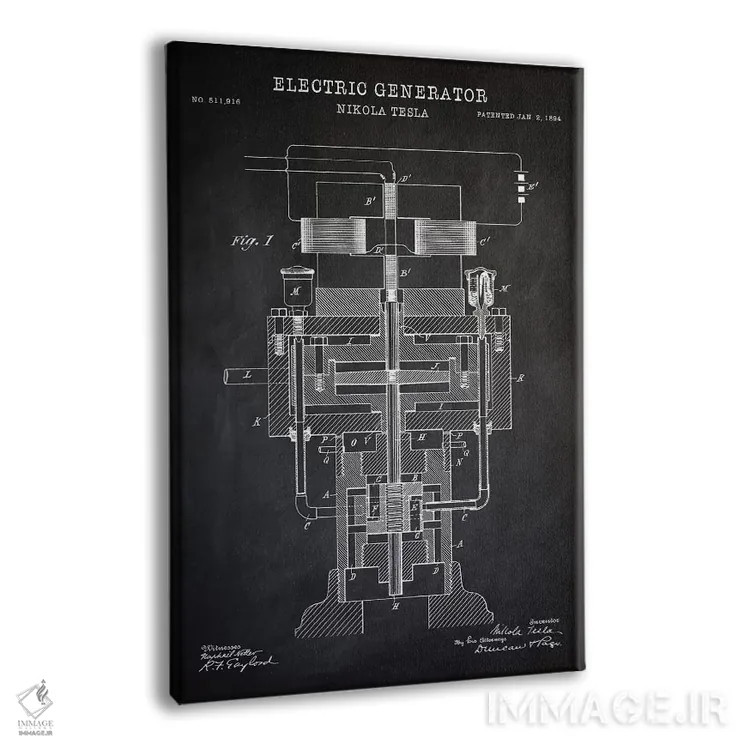 تابلو دکوراتیو ژنراتور الکتریکی تسلا، سیاه اثر پتنت پرینت استور - نمای پرسپکتیو محصول