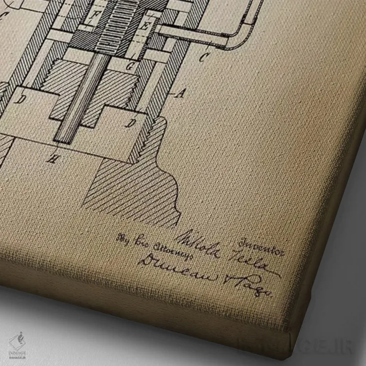 تابلو دکوراتیو ژنراتور الکتریکی تسلا، بژ اثر پتنت پرینت استور - نمای نزدیک بافت بوم