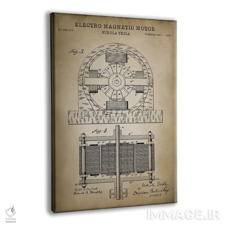 تابلو دکوراتیو موتور الکترومغناطیسی تسلا، بژ اثر پتنت پرینت استور - نمای پرسپکتیو محصول
