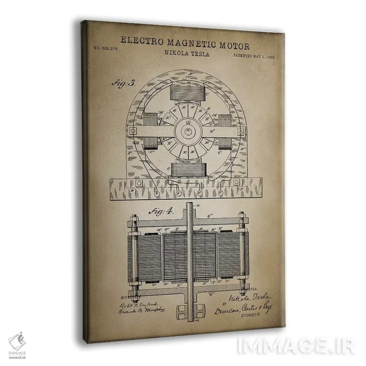 تابلو دکوراتیو موتور الکترومغناطیسی تسلا، بژ اثر پتنت پرینت استور - نمای پرسپکتیو محصول