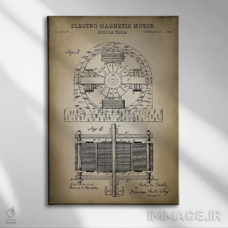 تابلو دکوراتیو موتور الکترومغناطیسی تسلا، بژ اثر پتنت پرینت استور - نمای روبهرو روی دیوار