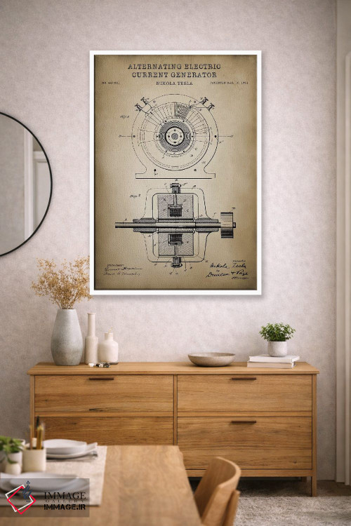 تابلو دکوراتیو ژنراتور جریان متناوب تسلا، بژ اثر پتنت پرینت استور - D2W