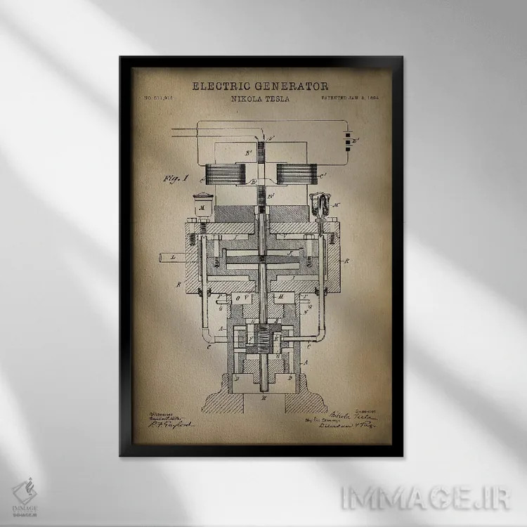 تابلو دکوراتیو ژنراتور الکتریکی تسلا، بژ اثر پتنت پرینت استور - نمای قابدار مشکی