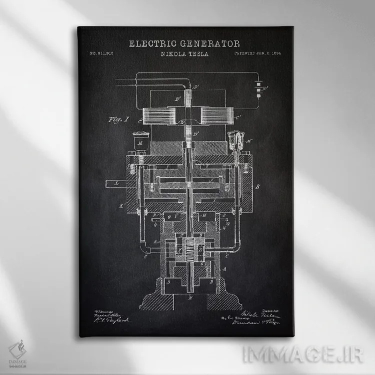 تابلو دکوراتیو ژنراتور الکتریکی تسلا، سیاه اثر پتنت پرینت استور - نمای روبهرو روی دیوار
