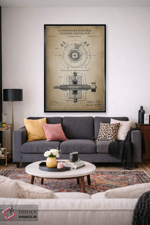 تابلو دکوراتیو ژنراتور جریان متناوب تسلا، بژ اثر پتنت پرینت استور - D3B