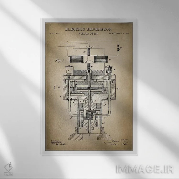تابلو دکوراتیو ژنراتور الکتریکی تسلا، بژ اثر پتنت پرینت استور - نمای قابدار سفید