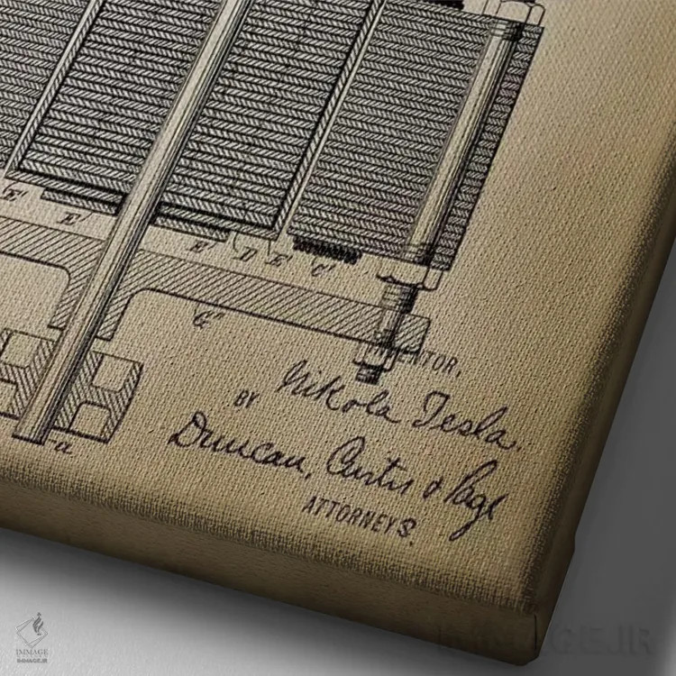 تابلو دکوراتیو موتور الکترومغناطیسی تسلا، بژ اثر پتنت پرینت استور - نمای نزدیک بافت بوم