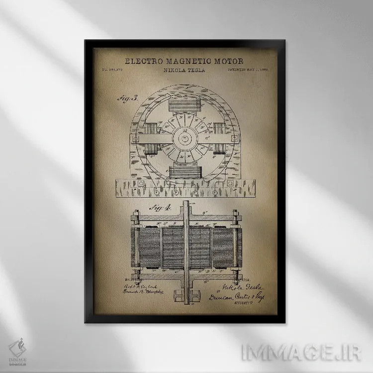 تابلو دکوراتیو موتور الکترومغناطیسی تسلا، بژ اثر پتنت پرینت استور - نمای قابدار مشکی