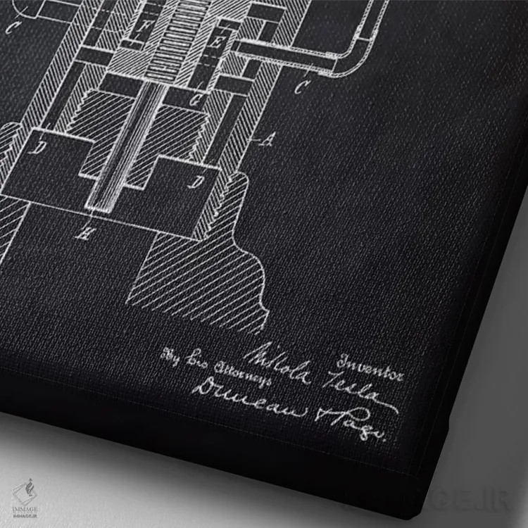 تابلو دکوراتیو ژنراتور الکتریکی تسلا، سیاه اثر پتنت پرینت استور - نمای نزدیک بافت بوم