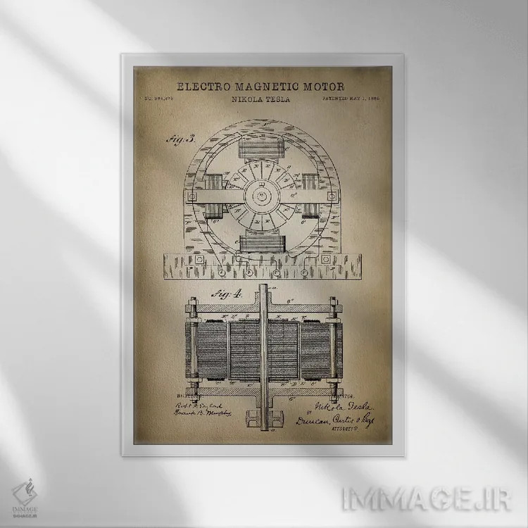 تابلو دکوراتیو موتور الکترومغناطیسی تسلا، بژ اثر پتنت پرینت استور - نمای قابدار سفید