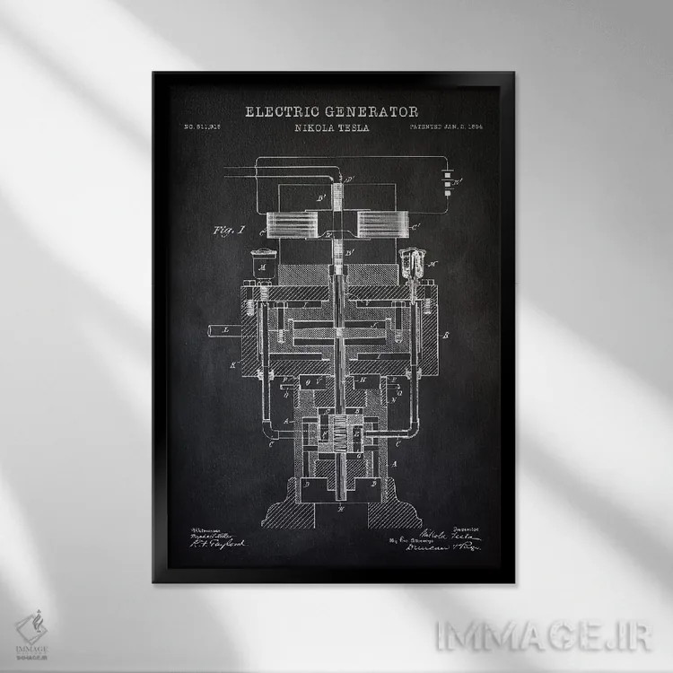 تابلو دکوراتیو ژنراتور الکتریکی تسلا، سیاه اثر پتنت پرینت استور - نمای قابدار مشکی