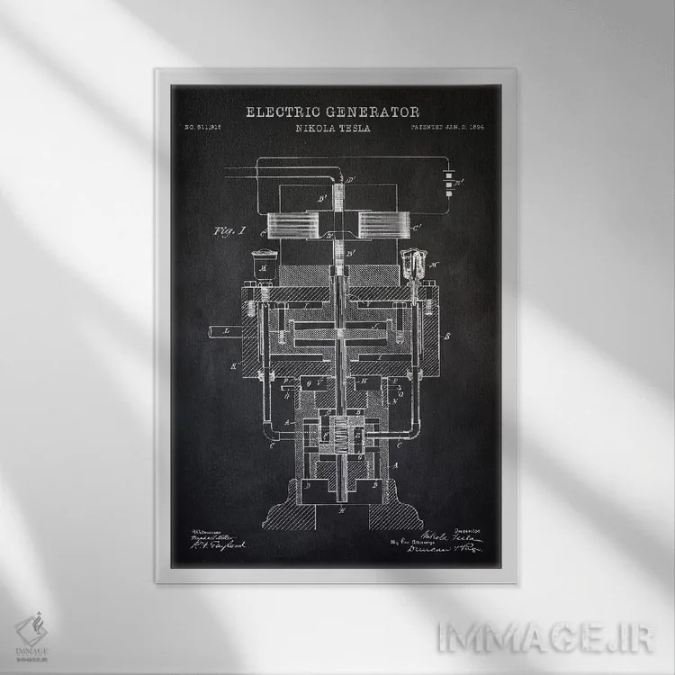 تابلو دکوراتیو ژنراتور الکتریکی تسلا، سیاه اثر پتنت پرینت استور - نمای قابدار سفید
