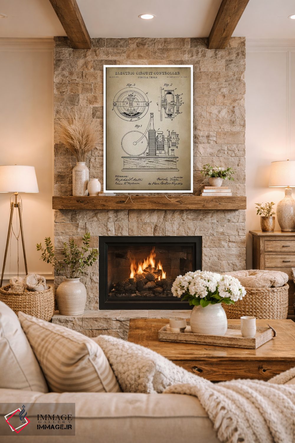 تابلو دکوراتیو کنترل کننده مدار الکتریکی تسلا، بژ اثر پتنت پرینت استور - D1W