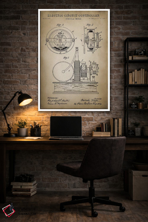 تابلو دکوراتیو کنترل کننده مدار الکتریکی تسلا، بژ اثر پتنت پرینت استور - D4W