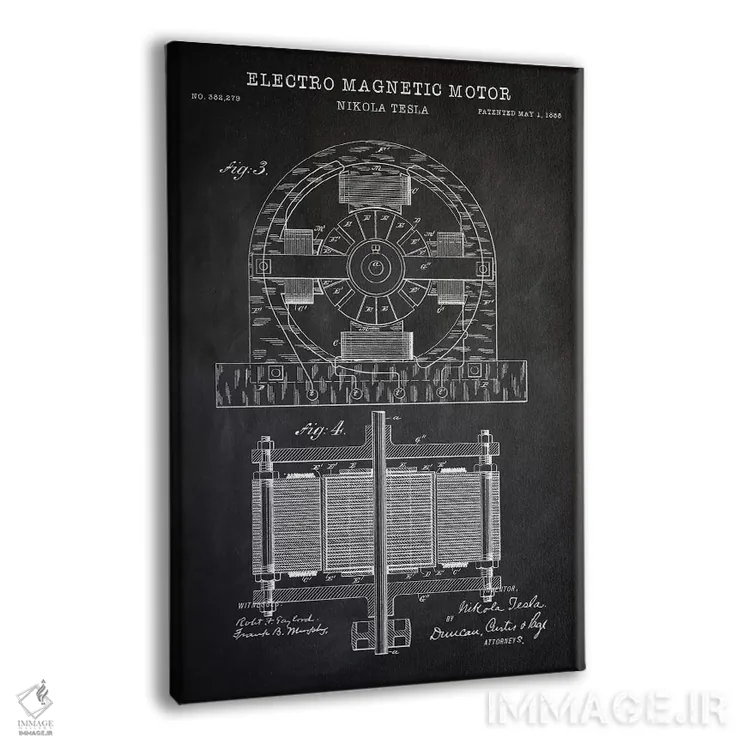 تابلو دکوراتیو موتور الکترومغناطیسی تسلا، سیاه اثر پتنت پرینت استور - نمای پرسپکتیو محصول