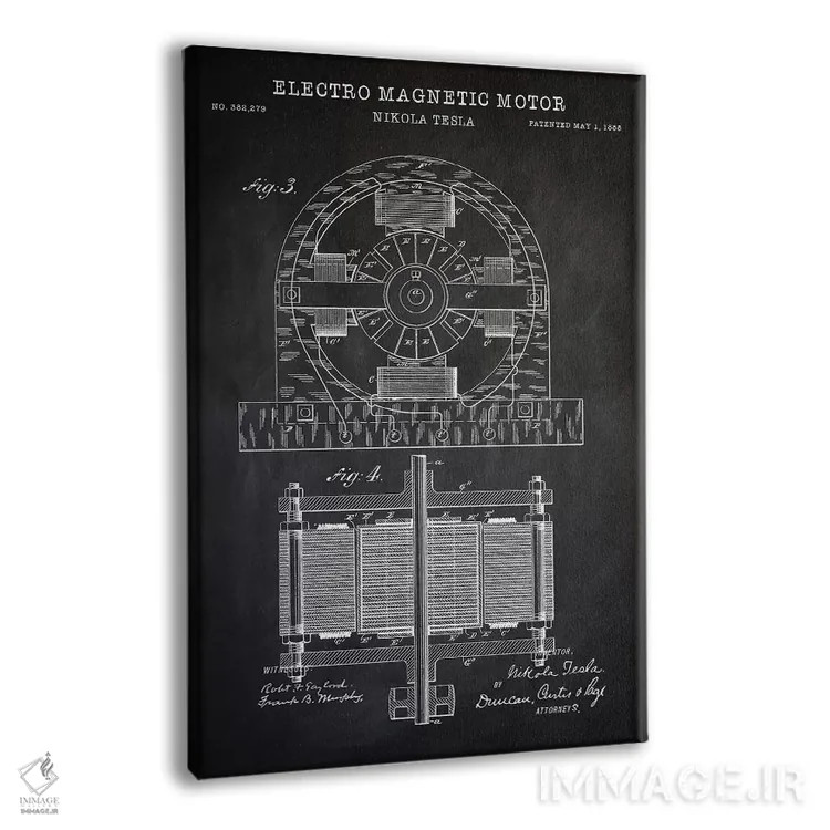 تابلو دکوراتیو موتور الکترومغناطیسی تسلا، سیاه اثر پتنت پرینت استور - نمای پرسپکتیو محصول