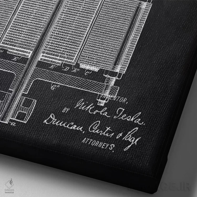 تابلو دکوراتیو موتور الکترومغناطیسی تسلا، سیاه اثر پتنت پرینت استور - نمای نزدیک بافت بوم