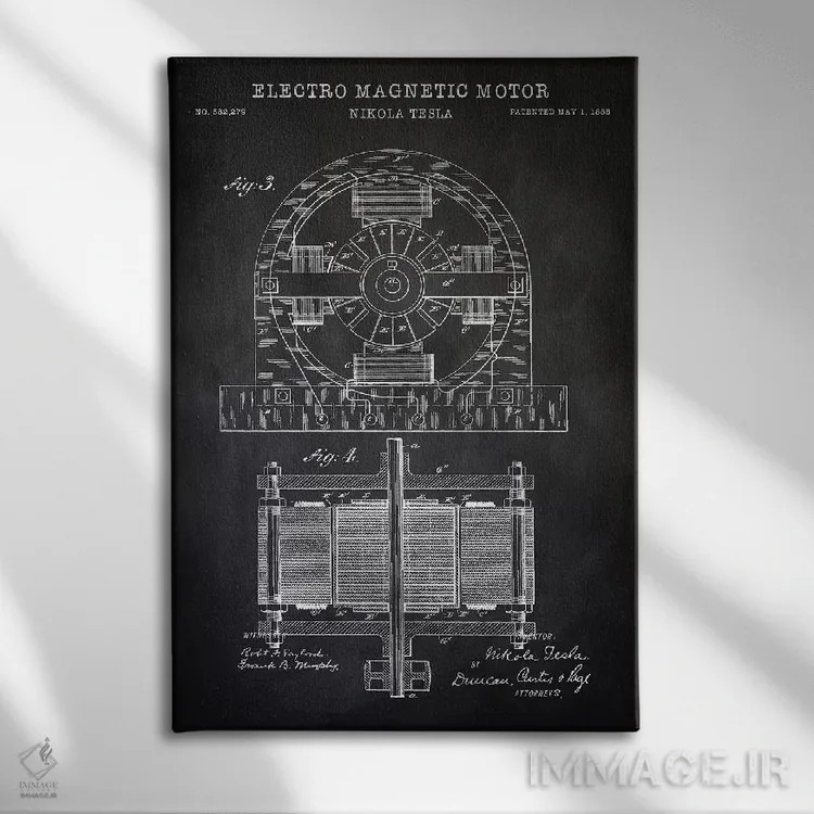 تابلو دکوراتیو موتور الکترومغناطیسی تسلا، سیاه اثر پتنت پرینت استور - نمای روبهرو روی دیوار