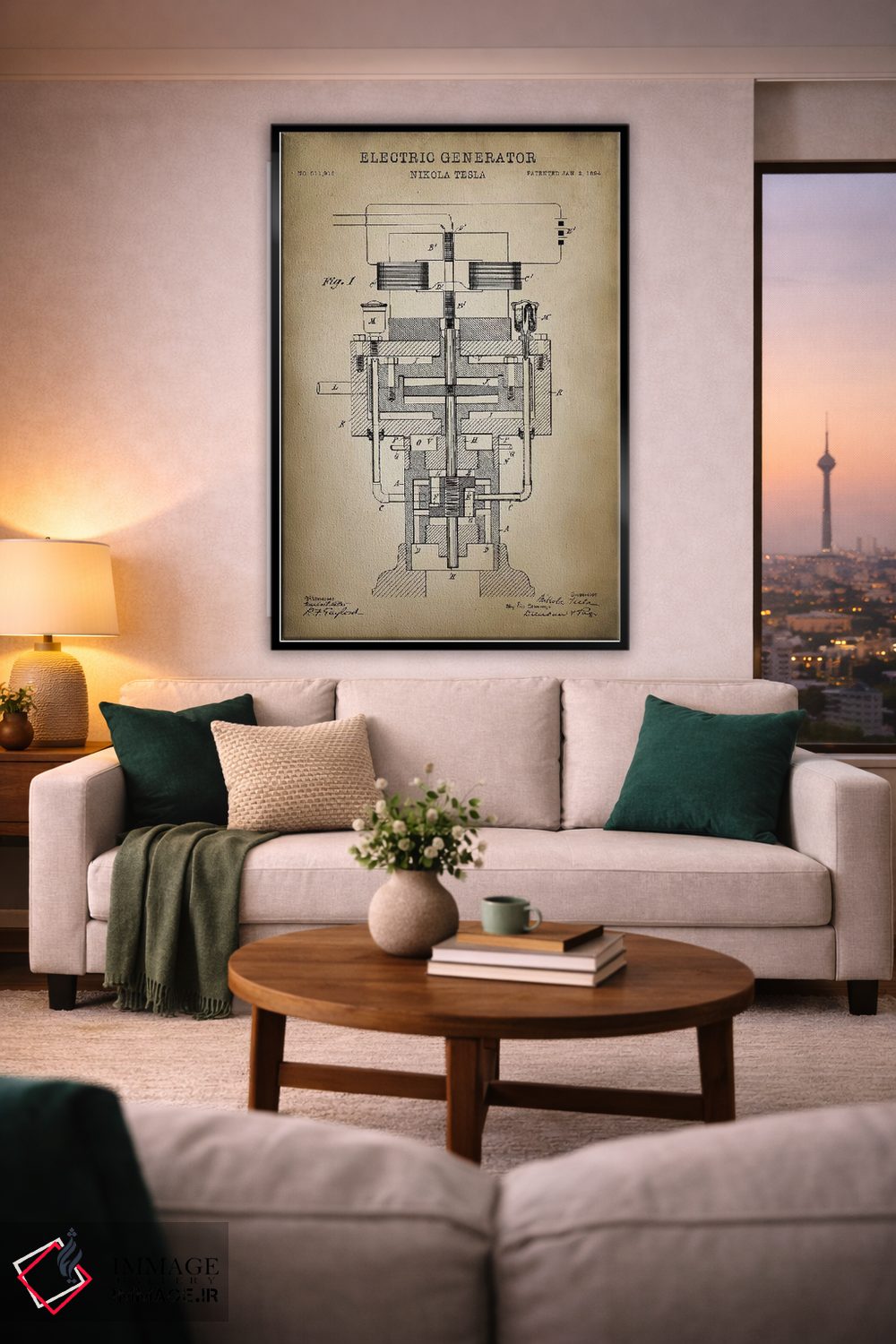 تابلو دکوراتیو ژنراتور الکتریکی تسلا، بژ اثر پتنت پرینت استور - D2B