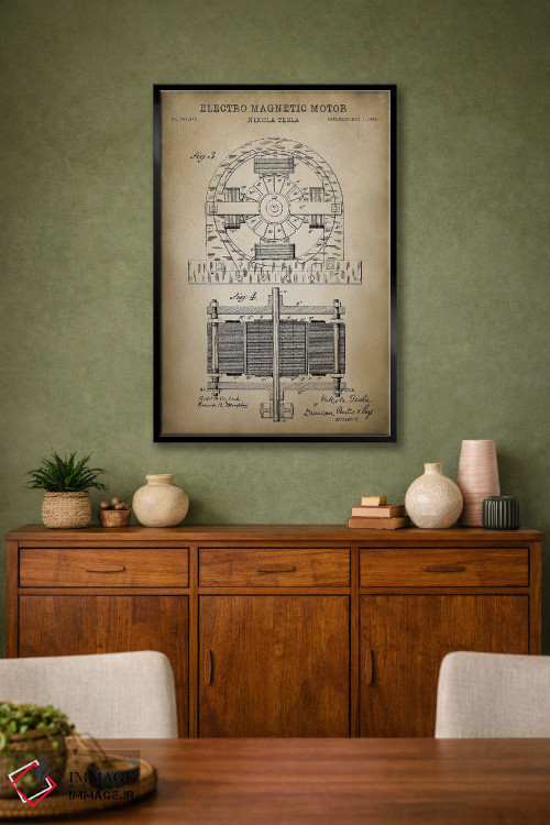 تابلو دکوراتیو موتور الکترومغناطیسی تسلا، بژ اثر پتنت پرینت استور - D1B