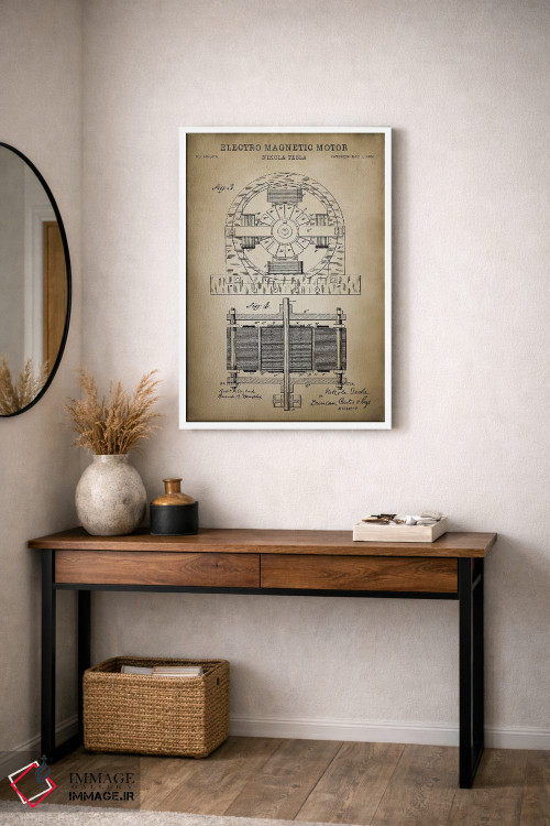 تابلو دکوراتیو موتور الکترومغناطیسی تسلا، بژ اثر پتنت پرینت استور - D2W