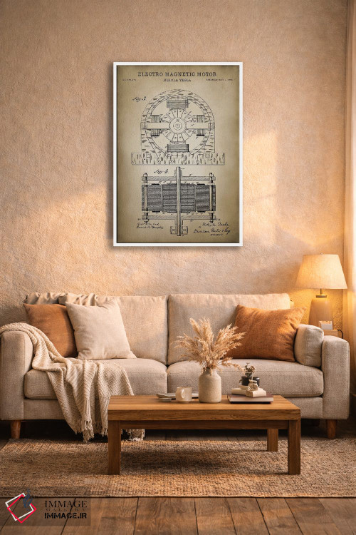 تابلو دکوراتیو موتور الکترومغناطیسی تسلا، بژ اثر پتنت پرینت استور - D3W