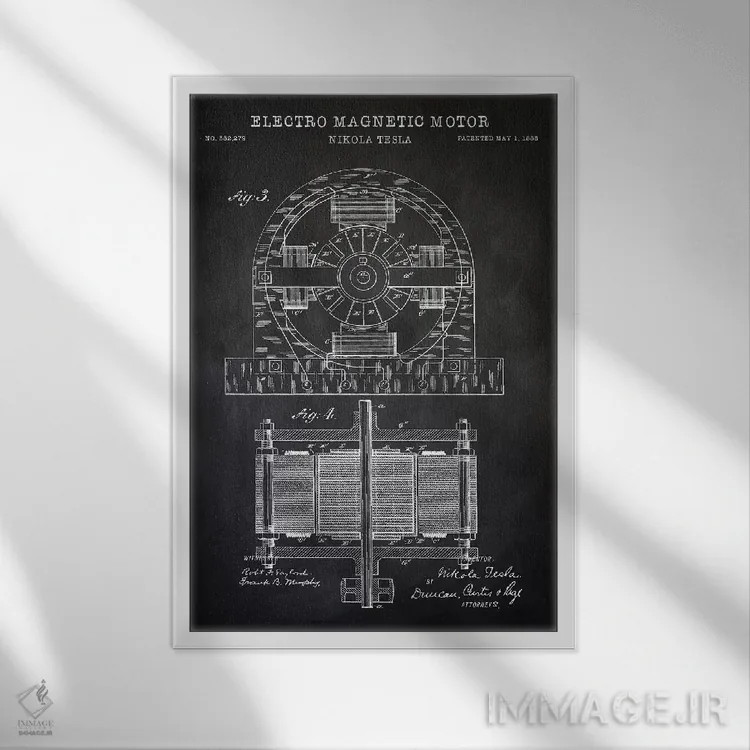 تابلو دکوراتیو موتور الکترومغناطیسی تسلا، سیاه اثر پتنت پرینت استور - نمای قابدار سفید