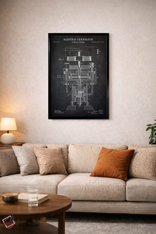 تابلو دکوراتیو ژنراتور الکتریکی تسلا، سیاه اثر پتنت پرینت استور - D4B