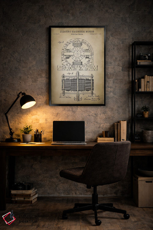 تابلو دکوراتیو موتور الکترومغناطیسی تسلا، بژ اثر پتنت پرینت استور - D6B