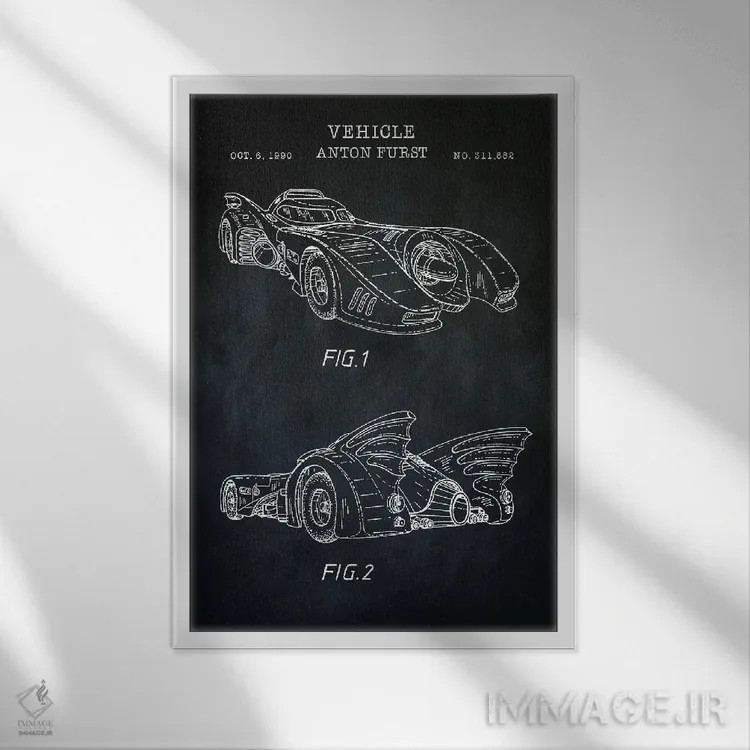 تابلو دکوراتیو ماشین بتمن، سیاه اثر پتنت پرینت استور - نمای قابدار سفید