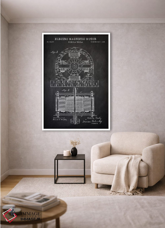 تابلو دکوراتیو موتور الکترومغناطیسی تسلا، سیاه اثر پتنت پرینت استور - D1W