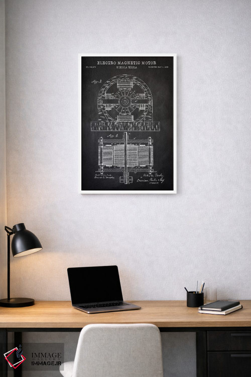 تابلو دکوراتیو موتور الکترومغناطیسی تسلا، سیاه اثر پتنت پرینت استور - D2W