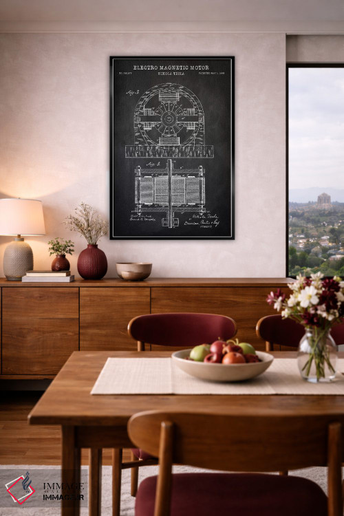 تابلو دکوراتیو موتور الکترومغناطیسی تسلا، سیاه اثر پتنت پرینت استور - D4B