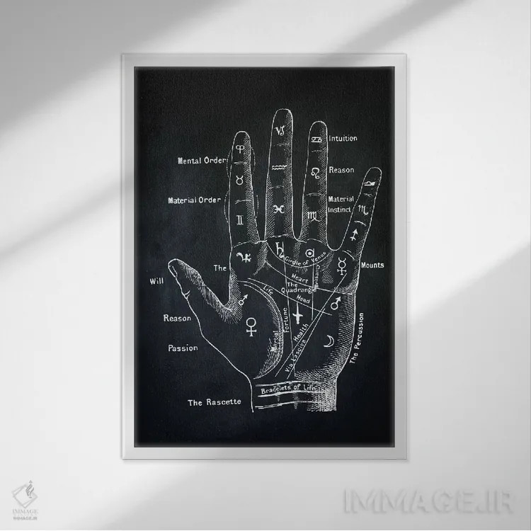 تابلو دکوراتیو فالگیری کف دست اثر پتنت پرینت استور - نمای قابدار سفید