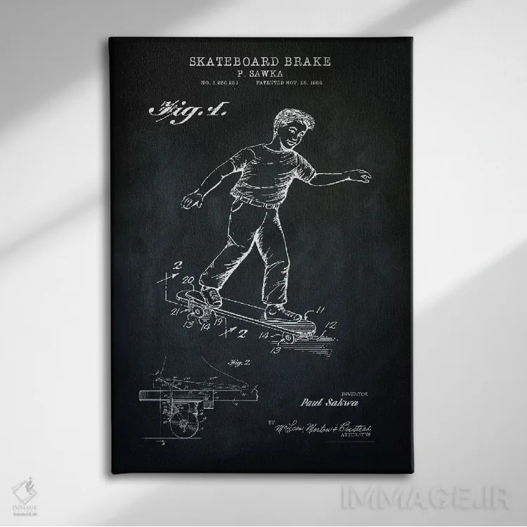 تابلو دکوراتیو ترمز اسکیت برد، سیاه اثر پتنت پرینت استور - نمای روبهرو روی دیوار