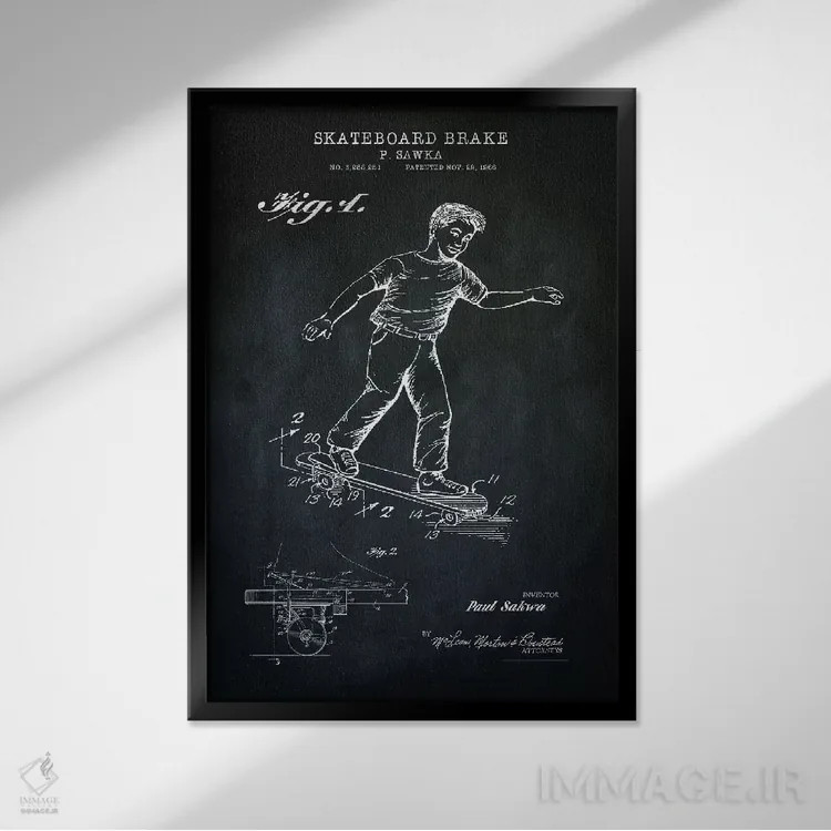 تابلو دکوراتیو ترمز اسکیت برد، سیاه اثر پتنت پرینت استور - نمای قابدار مشکی