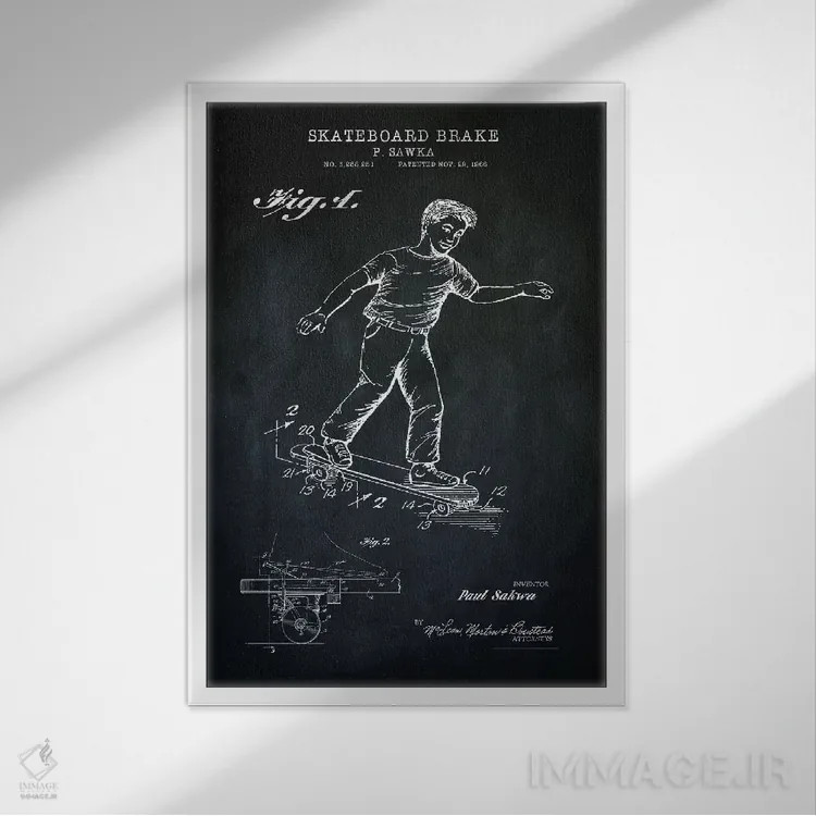 تابلو دکوراتیو ترمز اسکیت برد، سیاه اثر پتنت پرینت استور - نمای قابدار سفید