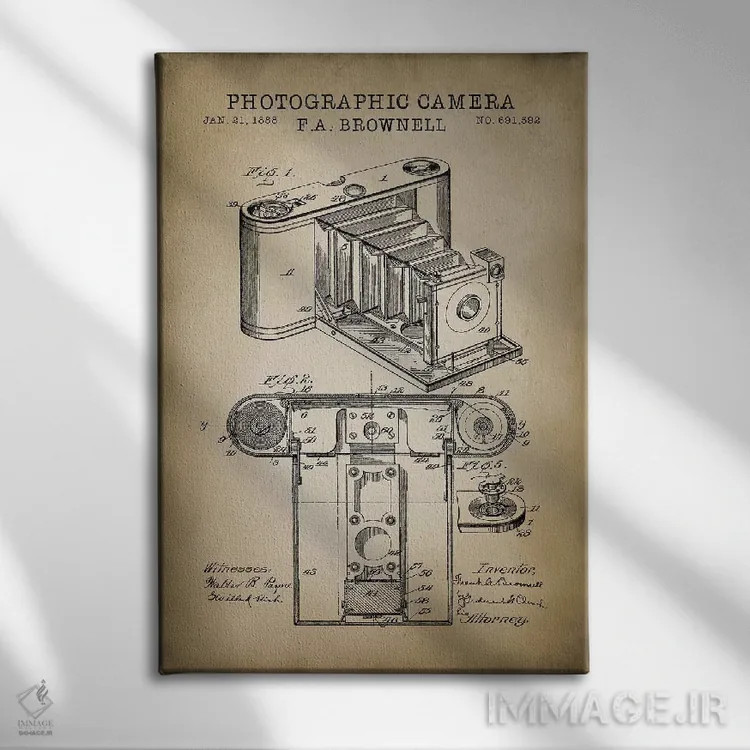 تابلو دکوراتیو دوربین براونل، بژ اثر پتنت پرینت استور - نمای روبهرو روی دیوار
