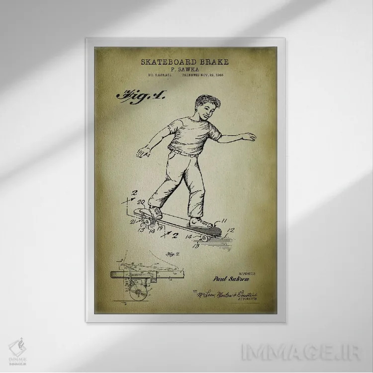 تابلو دکوراتیو ترمز اسکیت برد اثر پتنت پرینت استور - نمای قابدار سفید