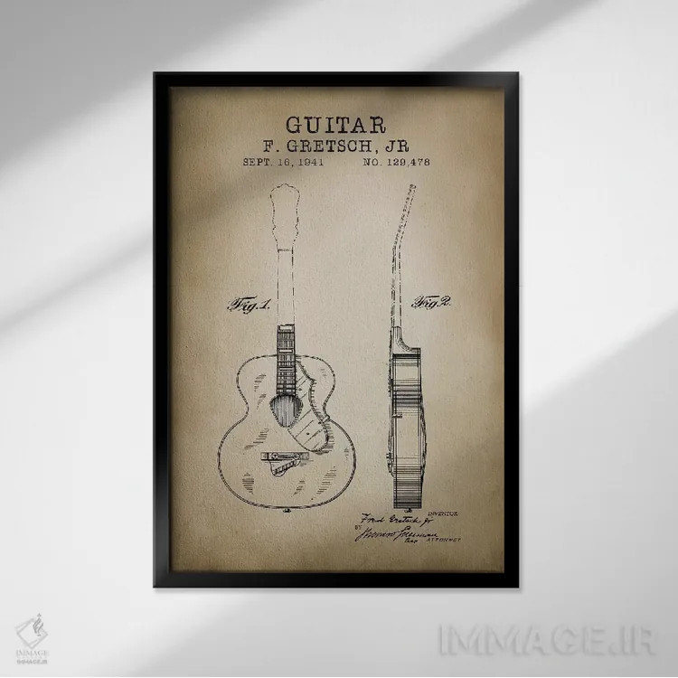 تابلو دکوراتیو گیتار F. Gretsch Jr. اثر پتنت پرینت استور - نمای قابدار مشکی