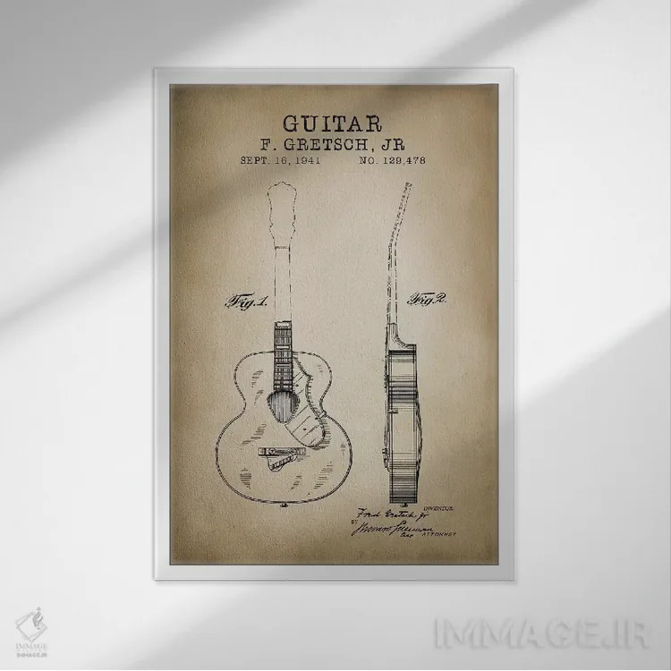 تابلو دکوراتیو گیتار F. Gretsch Jr. اثر پتنت پرینت استور - نمای قابدار سفید