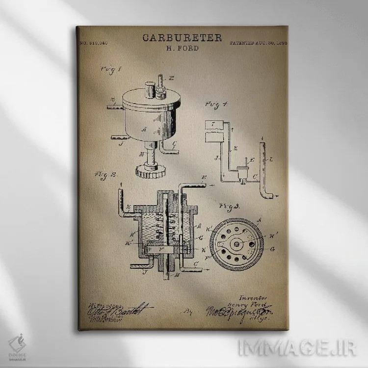 تابلو دکوراتیو کاربراتور فورد اثر پتنت پرینت استور - نمای روبهرو روی دیوار
