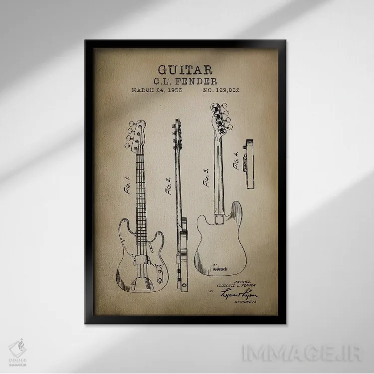 تابلو دکوراتیو گیتار فندر اثر پتنت پرینت استور - نمای قابدار مشکی