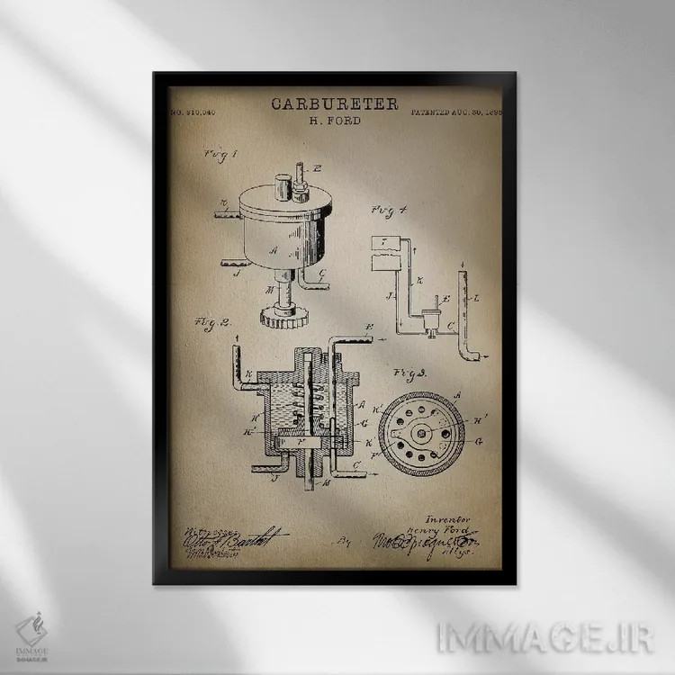 تابلو دکوراتیو کاربراتور فورد اثر پتنت پرینت استور - نمای قابدار مشکی