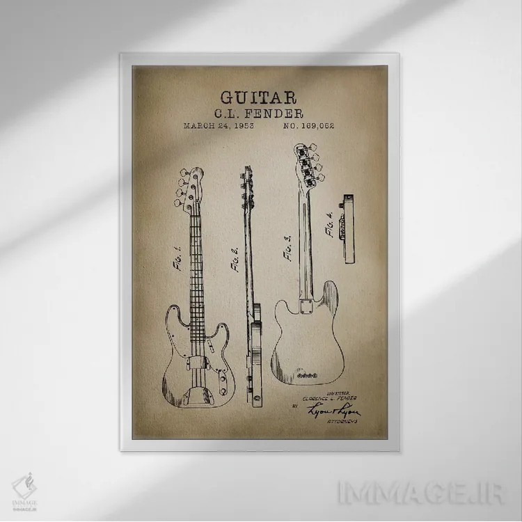 تابلو دکوراتیو گیتار فندر اثر پتنت پرینت استور - نمای قابدار سفید