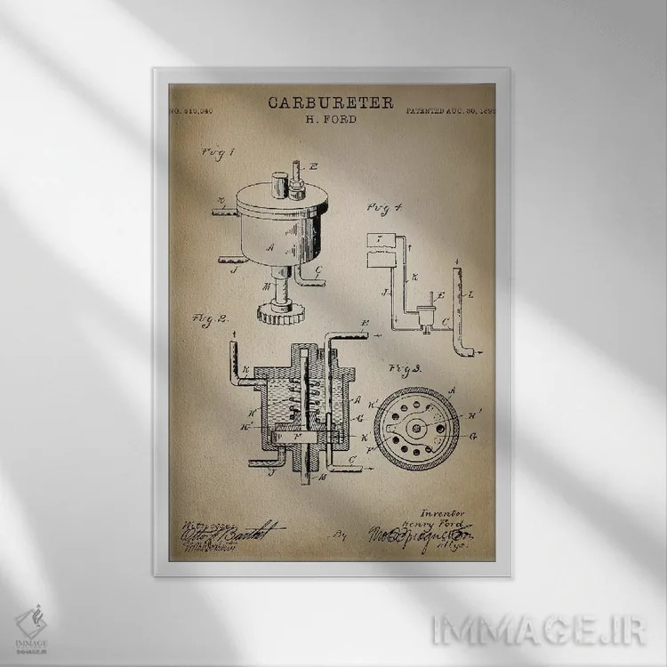 تابلو دکوراتیو کاربراتور فورد اثر پتنت پرینت استور - نمای قابدار سفید