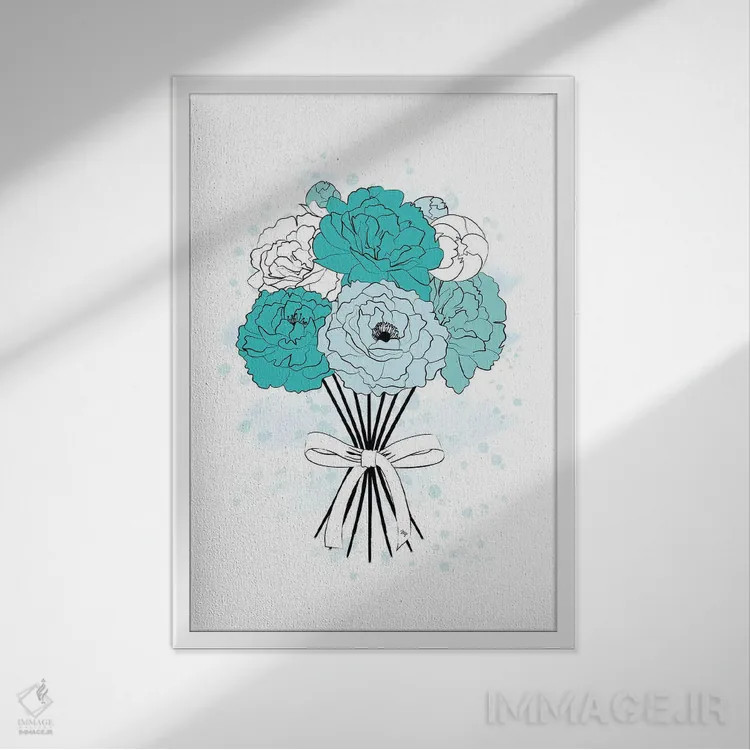 تابلو دکوراتیو دسته گل پیونی آبی اثر مارتینا پاولوا - نمای قابدار سفید