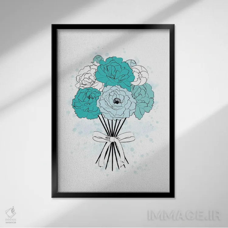 تابلو دکوراتیو دسته گل پیونی آبی اثر مارتینا پاولوا - نمای قابدار مشکی