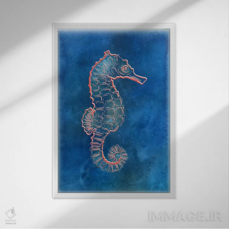 تابلو دکوراتیو اسب دریایی آبی اثر مارتینا پاولوا - نمای قابدار سفید